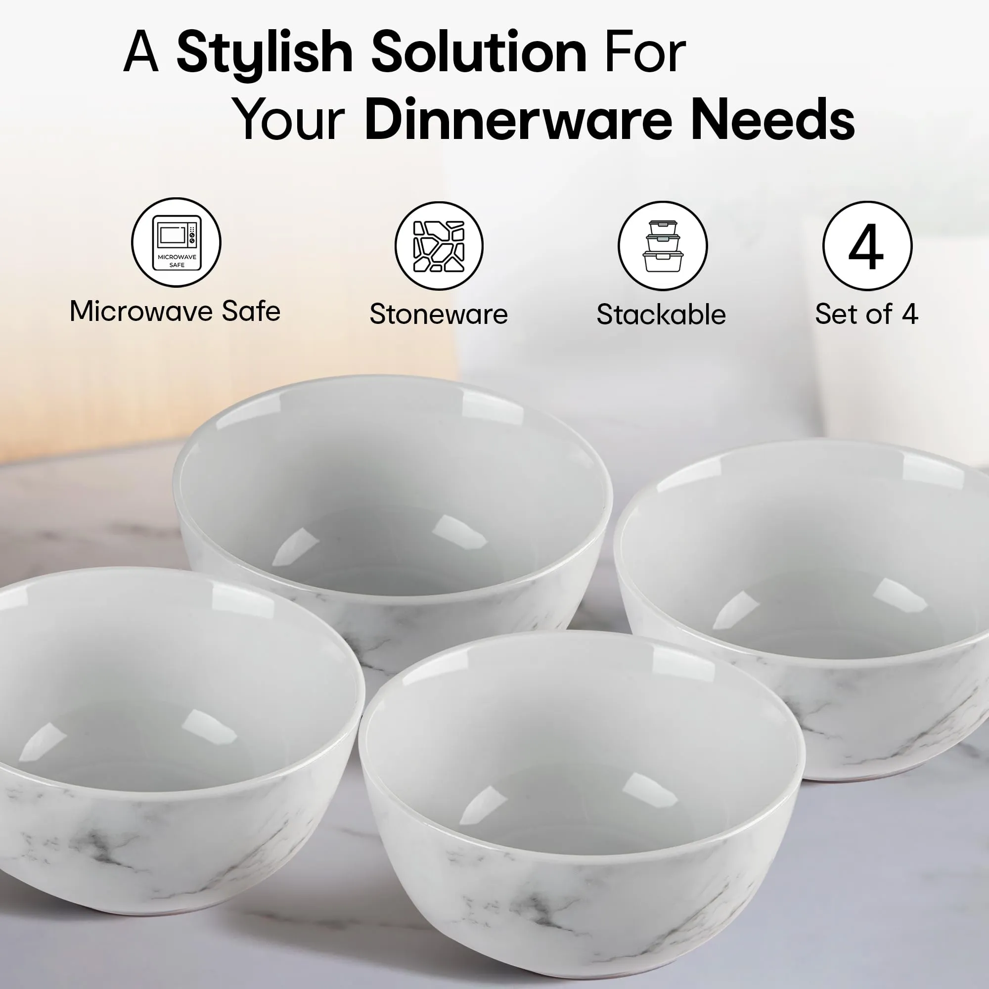 Anko 5.5" Marble Look Glazed Porcelain Bowls - Set of 4 | Premium Crockery for Dining Table Ideal for Serving Soup, Salad, Dessert | Designer Bowls for Home, Kitchen, Restaurant | Marble White