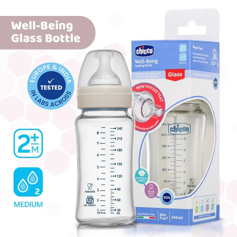 Chicco Well-Being Glass Feeding Bottle for Babies (Medium Flow) - 240ml, 2months & above