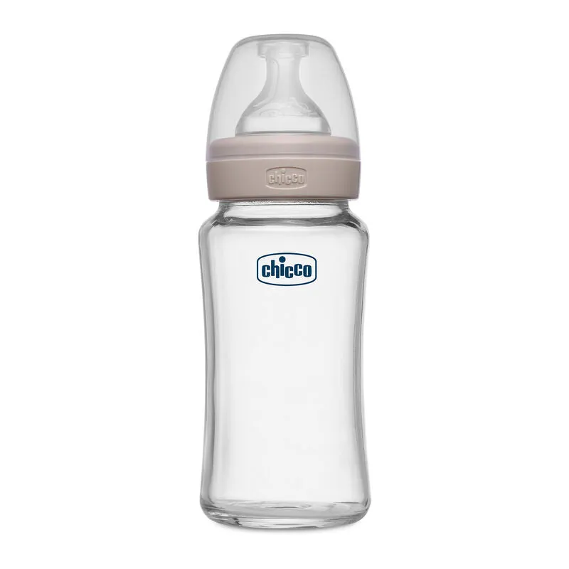 Chicco Well-Being Glass Feeding Bottle for Babies (Medium Flow) - 240ml, 2months & above