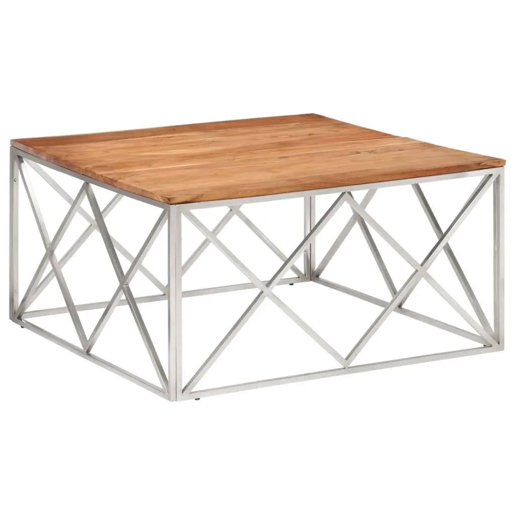 Coffee Table Silver Stainless Steel and Solid Acacia Wood