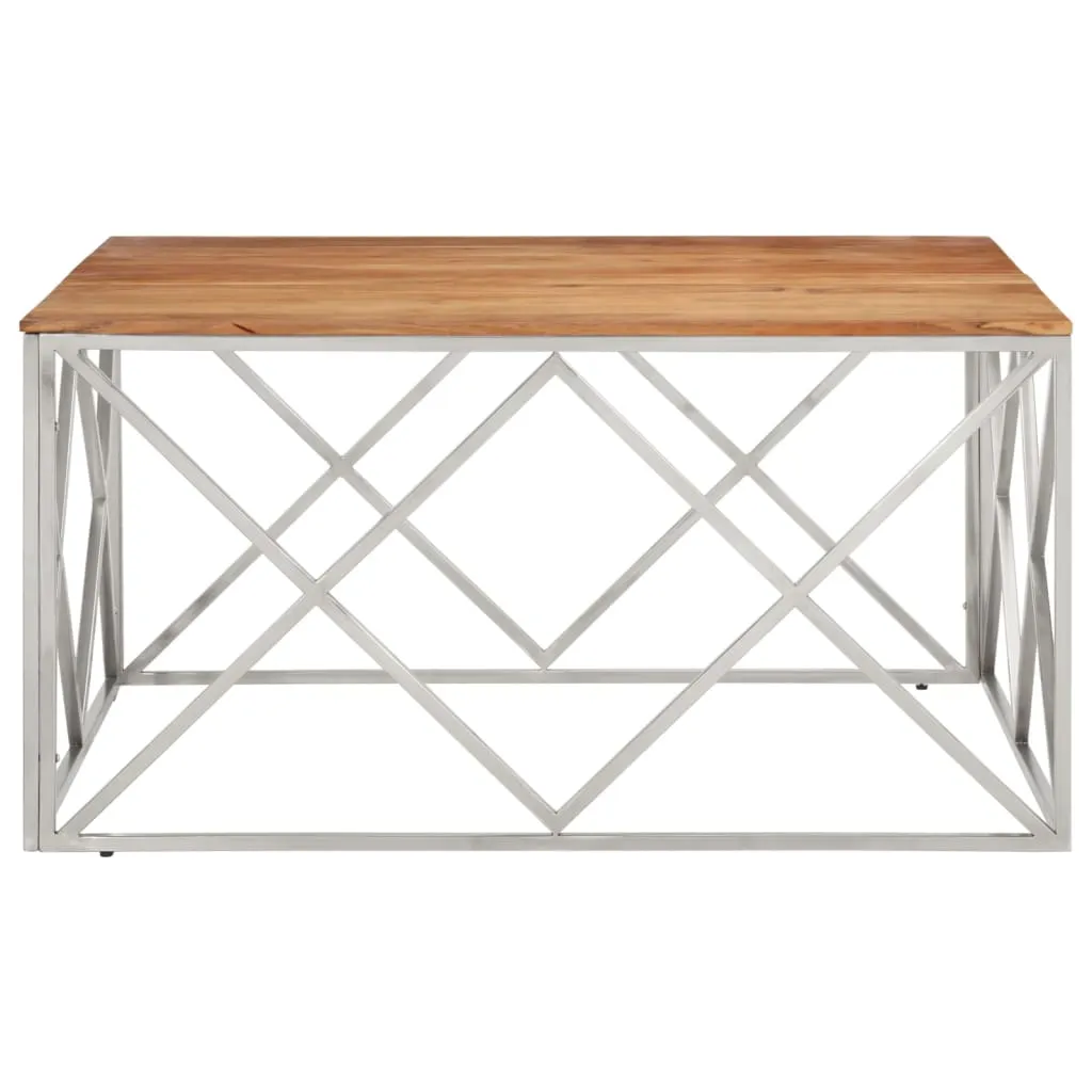 Coffee Table Silver Stainless Steel and Solid Acacia Wood