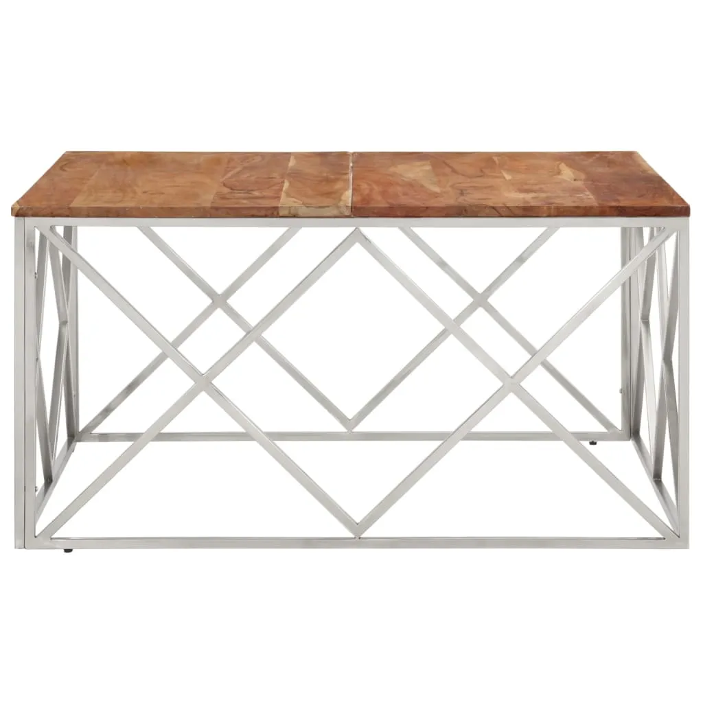 Coffee Table Silver Stainless Steel and Solid Acacia Wood