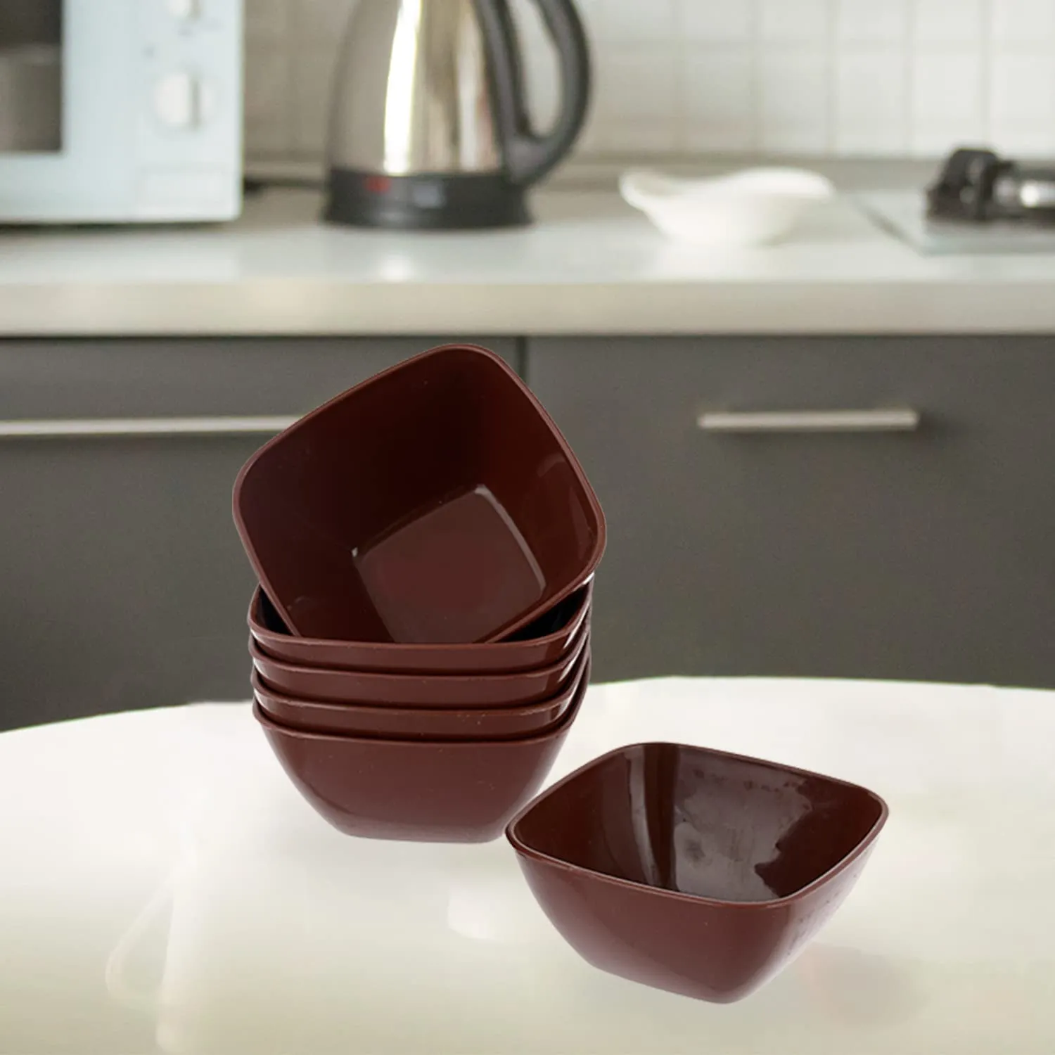 Heart Home Bowls|Plastic Serving Square Bowls|Katori for Kitchen|Microwave Safe Bowls for Rice|Soup|Pasta|250 ML|Pack of 12 (Brown)