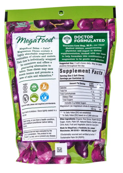 MegaFood Magnesium Relax   Calm Soft Chews Grape 30ct *TPR*