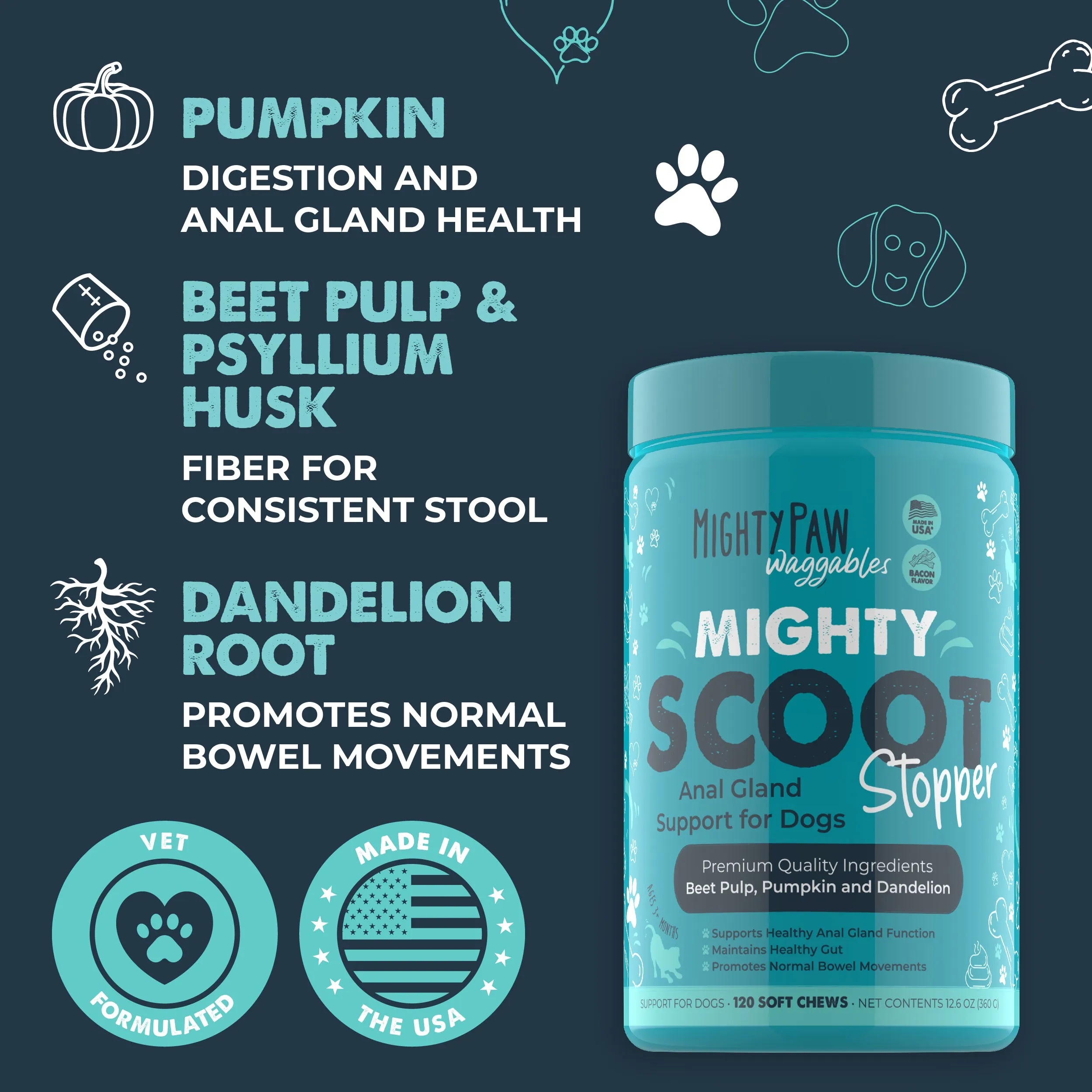 Mighty Paw Scoot Stopper Chews for Healthy Digestion and Anal Gland Support