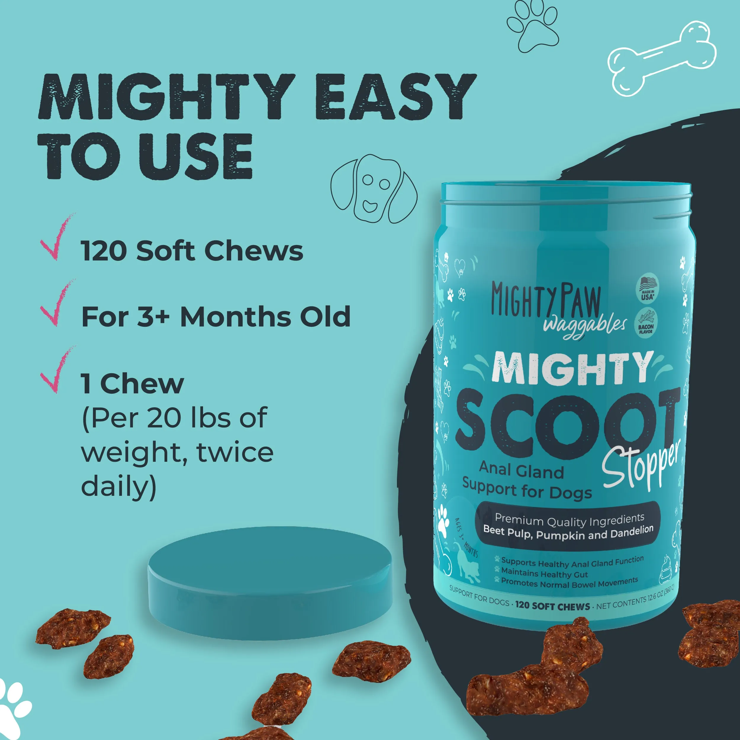 Mighty Paw Scoot Stopper Chews for Healthy Digestion and Anal Gland Support