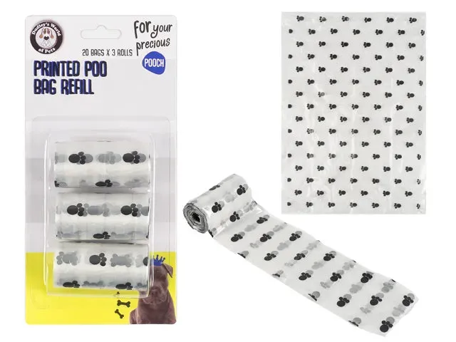 Printed Dog Poo Bags Refills Pack of 3 Rolls X 20 Bags - 60 Poo Bags