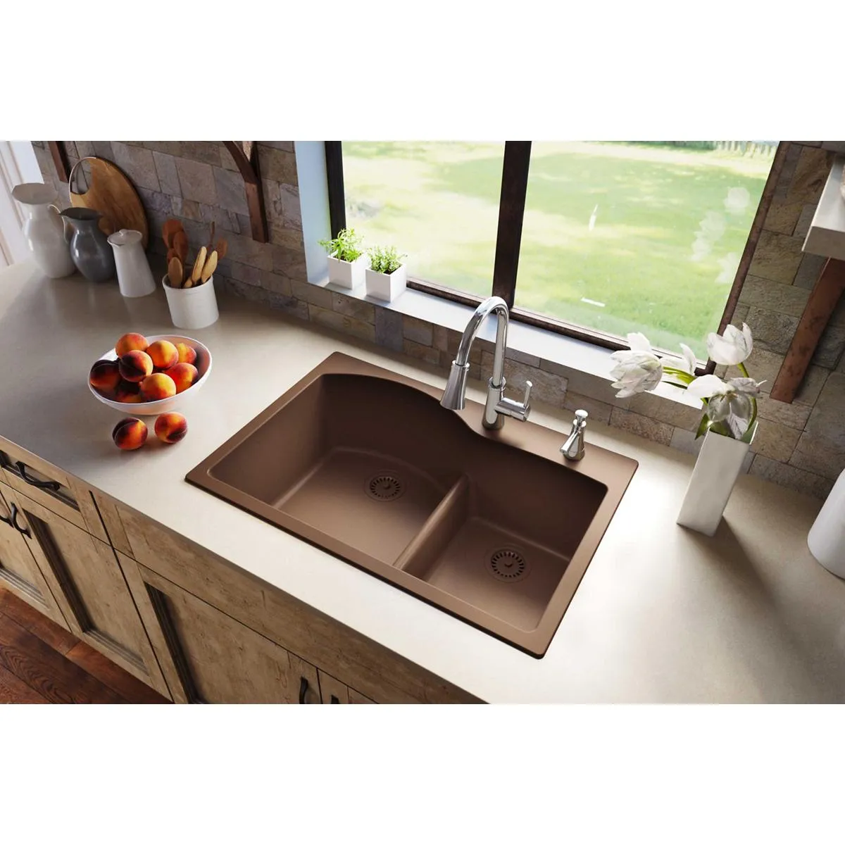 Quartz Classic 33" x 22" x 10" Double-Basin Drop-In Kitchen Sink in Mocha