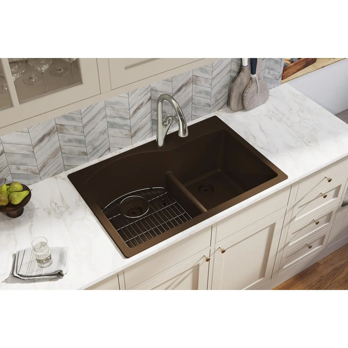 Quartz Classic 33" x 22" x 10" Double-Basin Drop-In Kitchen Sink in Mocha